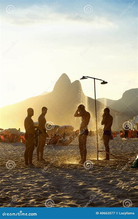 Brazilian Men Showering At Sunset Ipanema Rio Editorial Photography