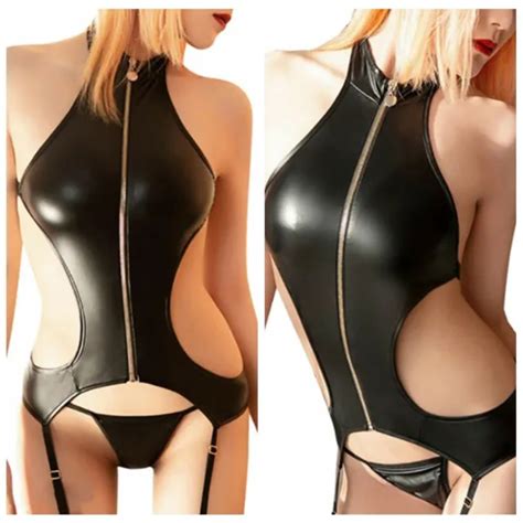 Sexy Womens Cutout Bodysuit Pu Leather Lingerie Zipper Halter Tops