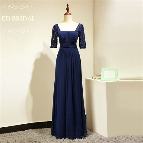 Custom Made Lace Short Sleeves Chiffon Navy Blue Bridesmaid Dress Long