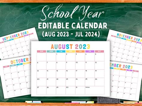 2023 2024 School Year Calendar Printable Editable Kids Calendar 12