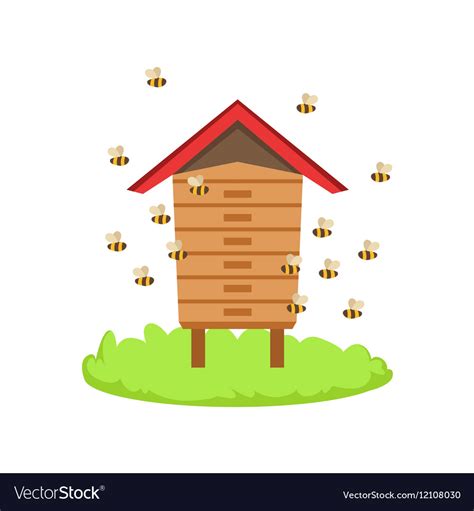 Bees Around Wooden Beehive Cartoon Farm Related Vector Image