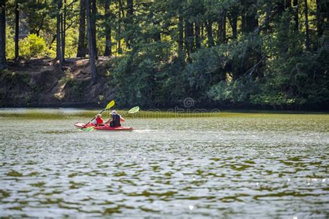 Mother And Son Are Sailing On A Kayak On A Picturesque Lake In The