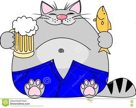 Vector Illustration Fat Funny Gray Cat With A Big Beer Belly Wearing