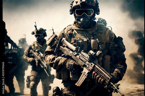 Special Forces Military Unit In Full Tactical Gear Wartime