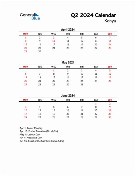 Three Month Calendar For Kenya Q2 Of 2024