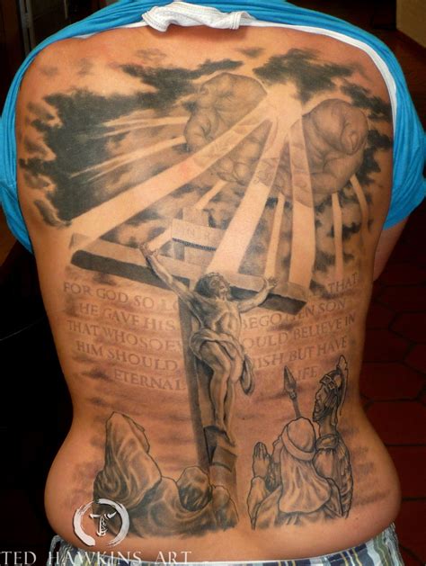 The way color is used in the design below is just breathtaking to look at. tedhawkinsart:crucifixion-backpiece-jesus-religious-christ-crucifix-golgotha-john-316-god-angels