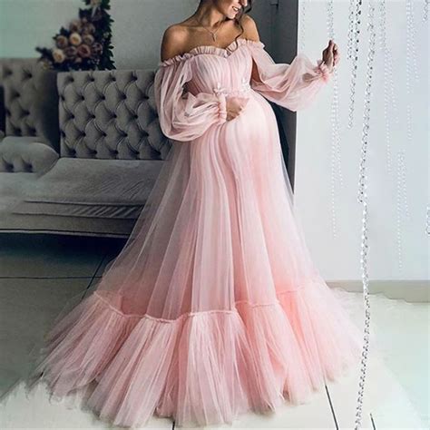 Maternity Mesh Long Sleeve Chic Off The Shoulder Gown Maxi Dress Long