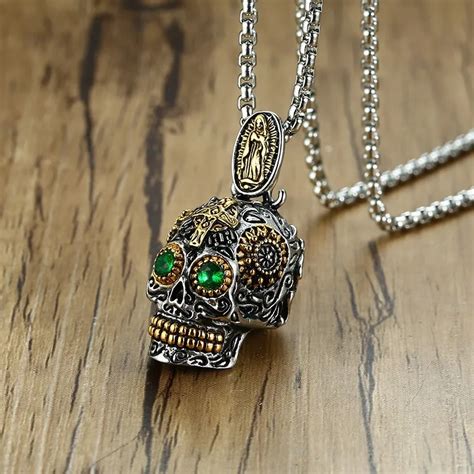 Men S Mexican Sugar Skull Necklace Punk Green Eyes Gold Teeth Pendant With Gothic Cross