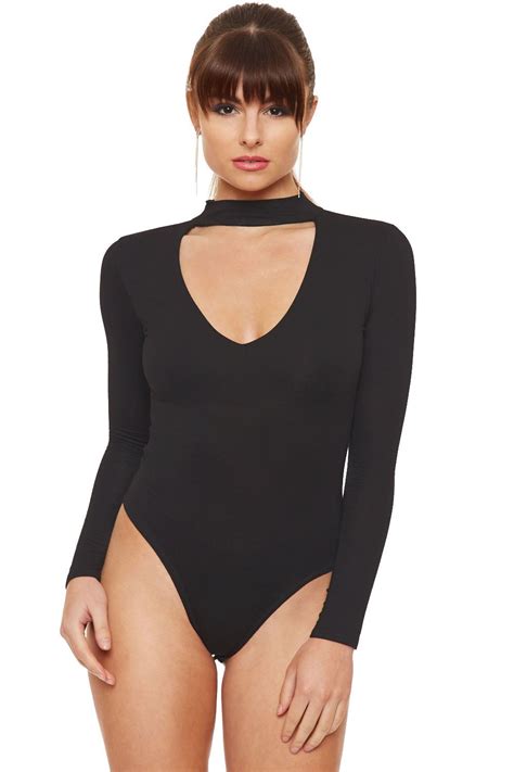 Womens Choker Neck Long Sleeve Body Top Bodysuit Leotard Ebay