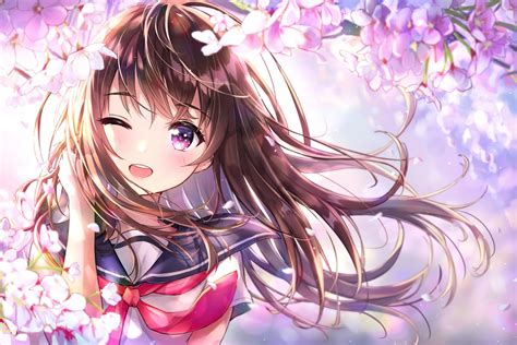 Wallpaper Wink Anime Girl Cute Cherry Blossom Smiling School
