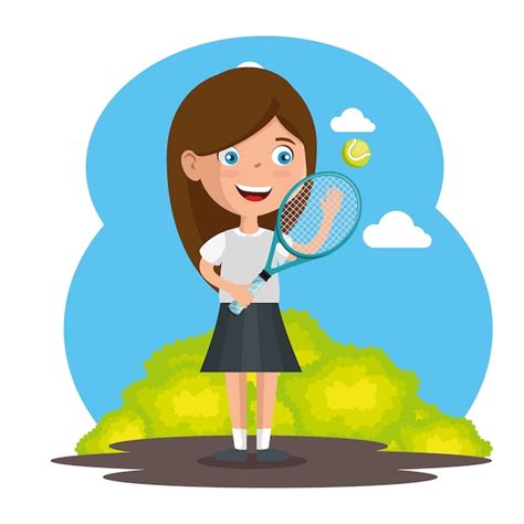 Premium Vector Little Girl Playing Tennis Happy Character