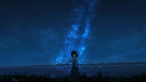 Wallpaper Girl Night Starry Sky Anime Hd Widescreen High