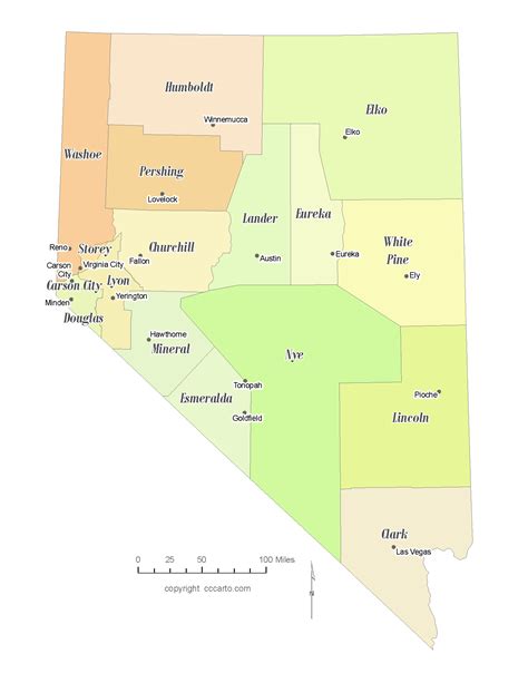 State Of Nevada County Map With The County Seats Cccarto