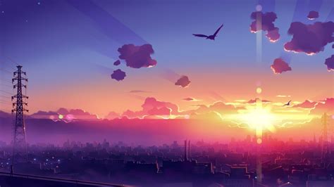 Wallpaper Sunlight Drawing Colorful Sunset Cityscape Anime