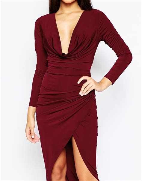 Lyst Asos Long Sleeve Cowl Front Maxi Dress In Red
