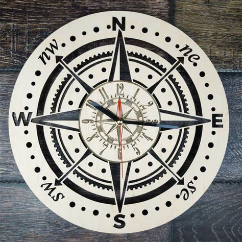 Compass Sign Wall Clock Wood Decor For Home Office Kitchen Etsy