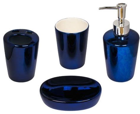 Home and apartment essentials including hand pump soap dispenser, soap dish, toothbrush holder, and tumbler cup. Ceramic Metallic Blue 4 Piece Bathroom Accessories Set ...
