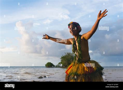Yapese Girl In Grass Skirt Dancing By The Ocean Yap Island Federated