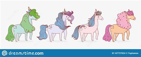 Group Unicorns Dream Mythology Fantasy Magic Cartoon Stock Vector