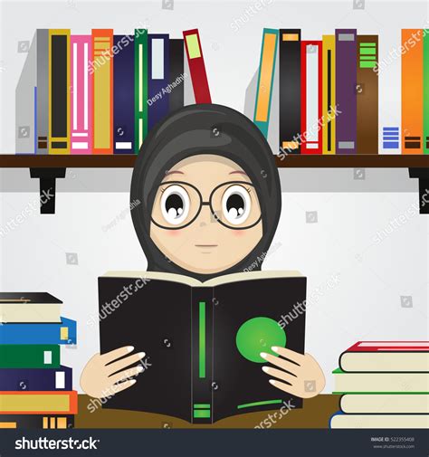 Cartoon Muslim Girl Reading Bookvector Illustration Stock Vector