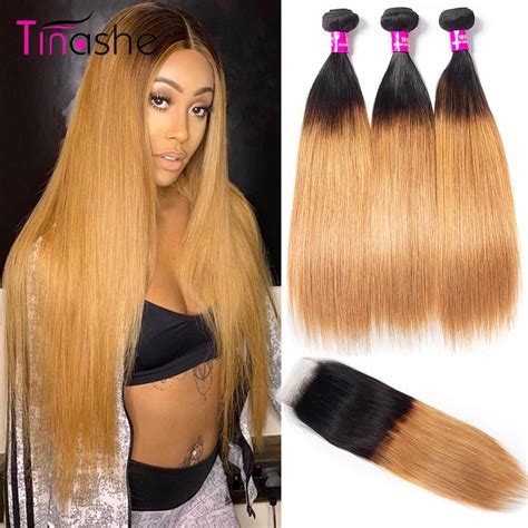 Tinashe Straight Hair Ombre Bundles With Closure B Honey Blonde