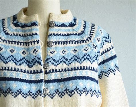 Vintage Norwegian Cardigan 60s Hand Knit Wool Nordic Fair Isle