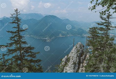 Traunsee Lake With Alps Mountain And City Traunkirchen From Hill