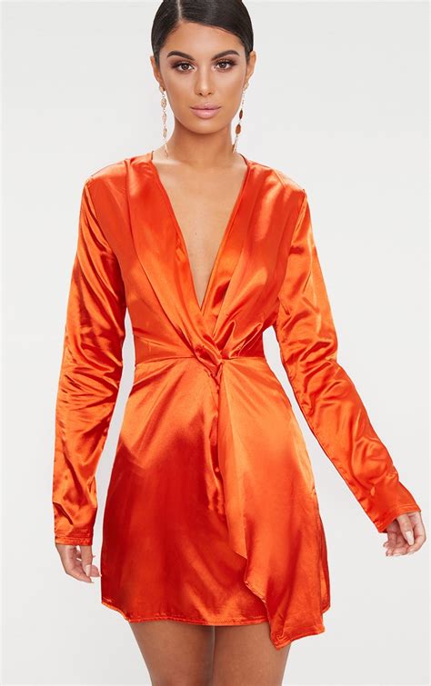 Orange Satin Wrap Dress Prettylittlething Ca