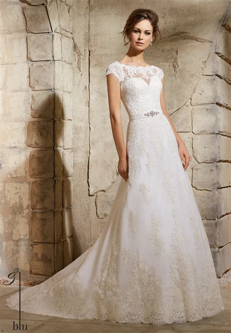 Wedding Dress Mori Lee Blue Fall Collection Embroidered Lace Appliques On Net