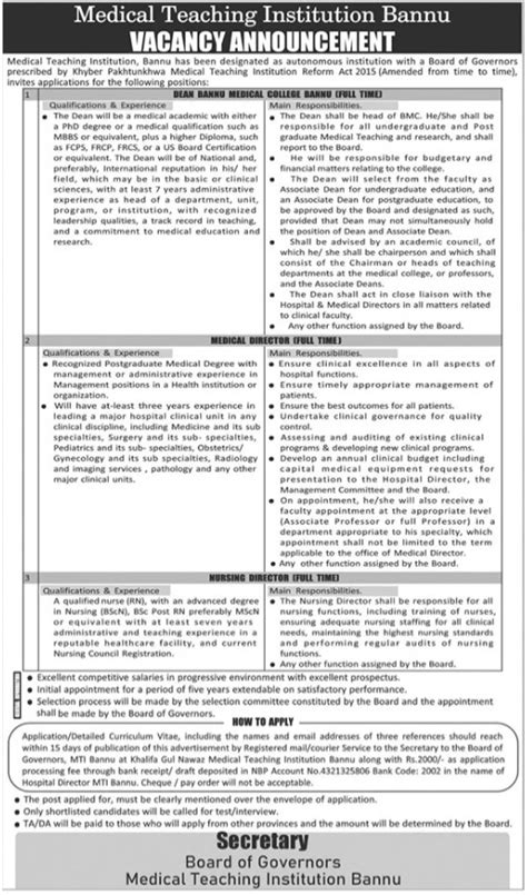 Medical Teaching Institution Bannu Medical Faculty Jobs Job