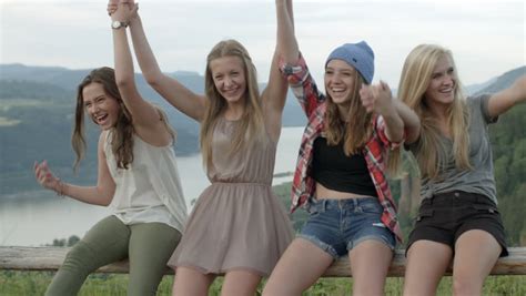 Group 4 Teen Girls Sit On Stock Footage Video 100 Royalty Free