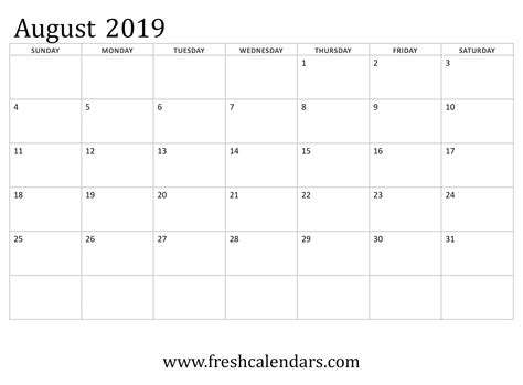 Free Printable August 2019 Calendar