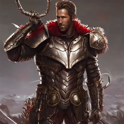 Ryan Reynolds Wearing Paladin Armor Leans Against Stable Diffusion