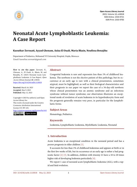 Pdf Neonatal Acute Lymphoblastic Leukemia A Case Report
