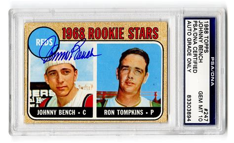 This is a 1968 topps rookie stars card, depicting the reds' johnny bench and ron tompkins. Lot Detail - 1968 Topps Johnny Bench Signed Rookie Card ...