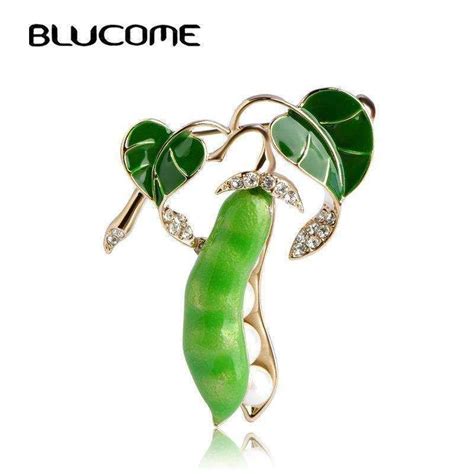 Blucome Enamel Green Pea Brooches For Women Gold Color Crystal
