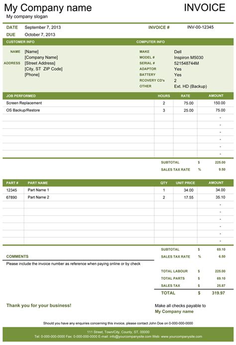 Computer Repair Invoice Free Template For Excel