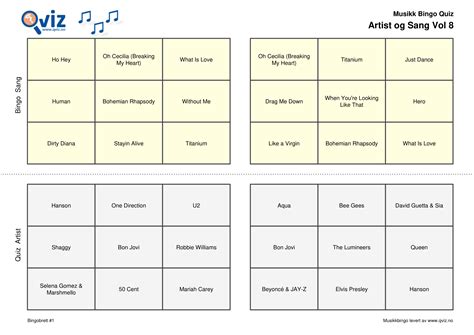 Artist Og Sang Vol 8 Musikk Bingo Quiz 30 Qviz
