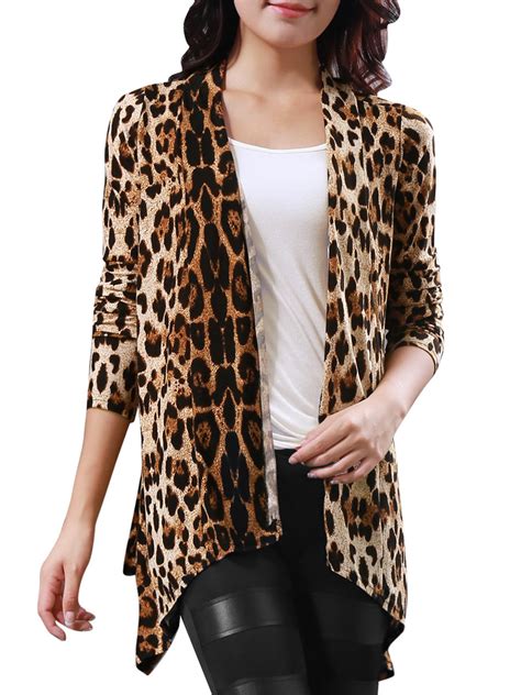 Womens Leopard Pattern Buttonless Long Sleeve Cardigan Brown Size M 8