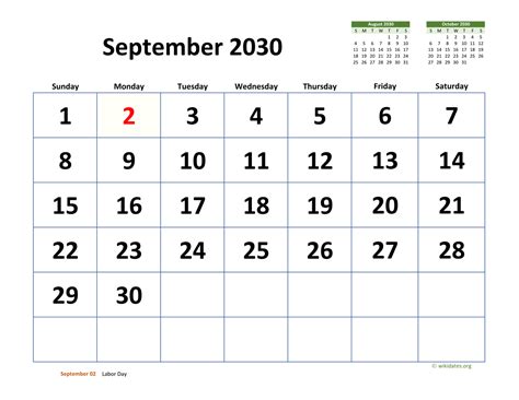 September 2030 Calendar With Extra Large Dates