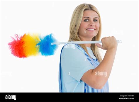 Smiling Cleaning Woman Holding Feather Duster Stock Photo Alamy