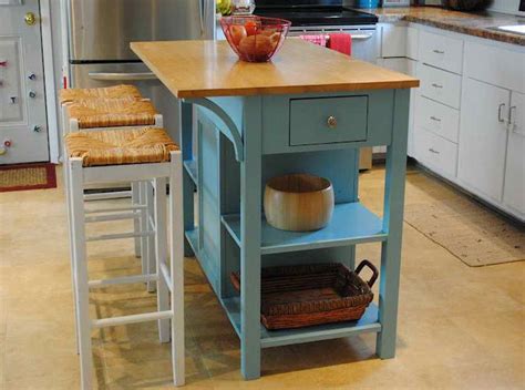 Blue Wooden Paint Wooden Small Kitchen Island With Two Stools With Id