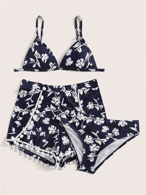 Navy Blue Floral Swimsuit Three Piece Bikini | Floral triangle bikini, Triangle bikini, Triangle ...