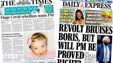 Newspaper Headlines Tory Revolt Bruises Pm And 1m Face Festive Isolation Bbc News