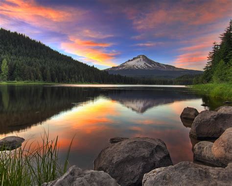 Sunset Trillium Lake And Mount Hood In Oregon United States Of America