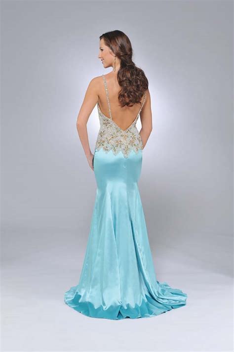 Gold And Aqua Column Spaghetti Straps And V Neck Backless Sweep Train