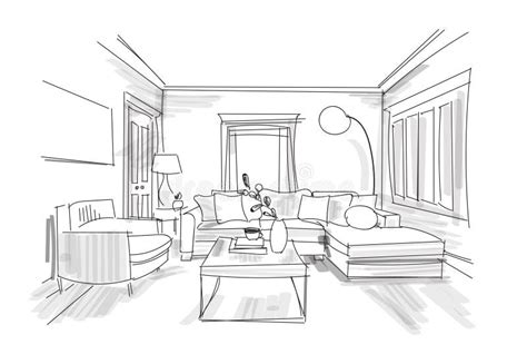 Interior Design Sketch Hand Drawn Vector Illustration Of Sitting Room
