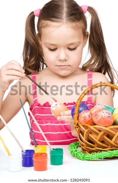 Little Girl Painting Eggs Preparing Easter Stock Photo 128245091