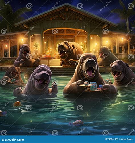 Wild Pool Party With Walruses At Luxurious Underwater Resort Stock
