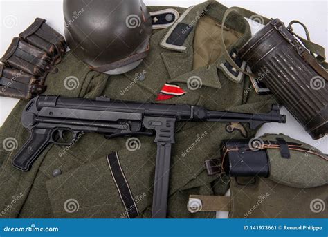 Ww2 German Army Field Equipment With Helmet And Machine Gun Editorial